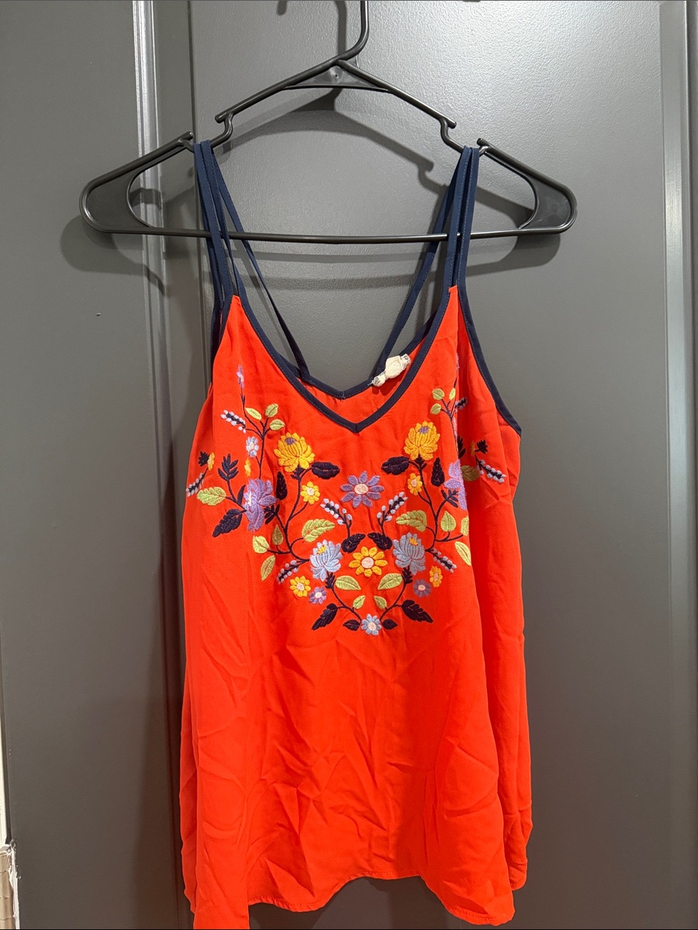 Women's Red Orange Embroidered Floral Cami Tank Top